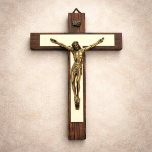 Vintage Italian Crucifix Wall Cross Wood Brass Jesus Mid Century 9” Italy